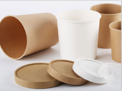 Taza de sopa de papel con tapa de papel y tapa de plástico
